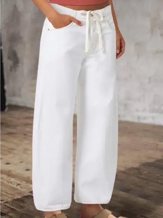 Flamingals Pants - Flamingals Solid Drawstring Contrast Stitch Mid Waist Barrel Leg Pants medium